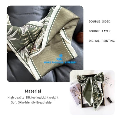 Silk Feeling Head Scarf Fashion Satin Hair Scarf Square Long Scarves for Women Gifts - color: 02 Green Plant Leaf /5.12 X 59 Inch