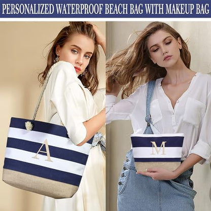 YOOLIFE Beach Bags for Women - Travel Canvas Beach Tote, Pool Waterproof Bag, Travel Essentials, Gifts for Women Birthday - color: Dark Blue, style: G