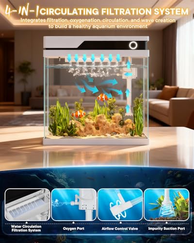 Vehipa Fish Tank, Smart Fish Aquarium Kit 4.2 Gallon with Auto Feeder, 4-in-1 Silent Pump, Adjustable Lighting, Temperature Display & Humidifier for Desktop, Office, Room