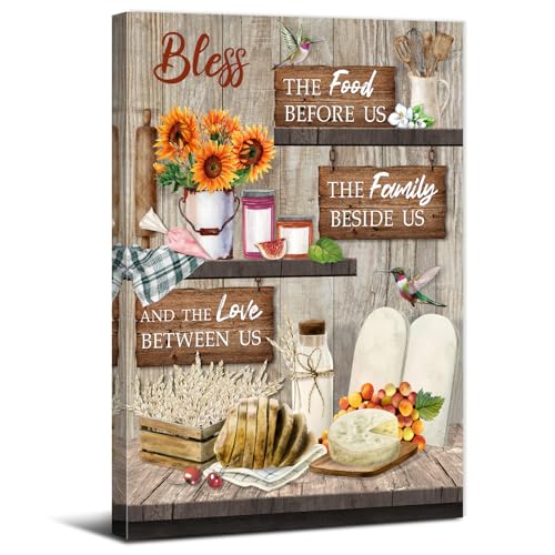 Family Wall Art Bless The Food Before Us Wall Decor for Kitchen Dining Room Home Decorations Farmhouse Christian Canvas Painting Rustic Blessed Sign Picture Sunflower Kitchenware Prints Artwork 12x16" - color: Bless The Food 02, size: 16"L x 12"W