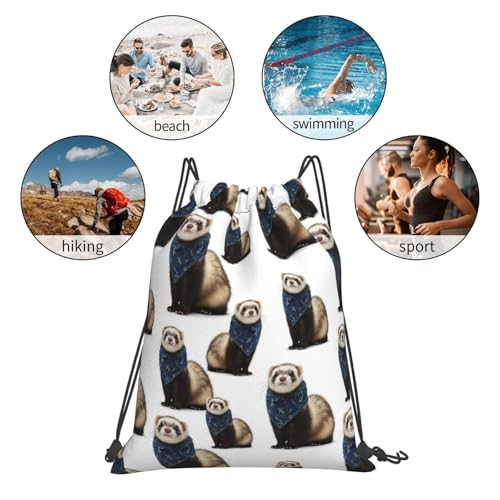 Polyester Drawstring Backpack Cute Funny Ferret White, Breathable Gym Sack for Soccer Basketball and Ball Sports - color: Pattern (366)