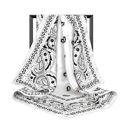DRESHOW 35” Large Square Satin Head Scarf - 4Pcs Silk Accessories Classic Patterned Squares Beach Bandanas for Women - color: 4 Pcs: Black, White, Brown, Navy Blue