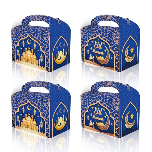 RIGHTA TECH 12 Packs Eid Mubarak Treat Gift Boxes Ramadan Mubarak Party Gift Box Muslim Ramadan Kareem Candy Goodie Cardboard Boxes with Handles for Snacks, Eid Al-Fitr Birthday Party Supplies Favors