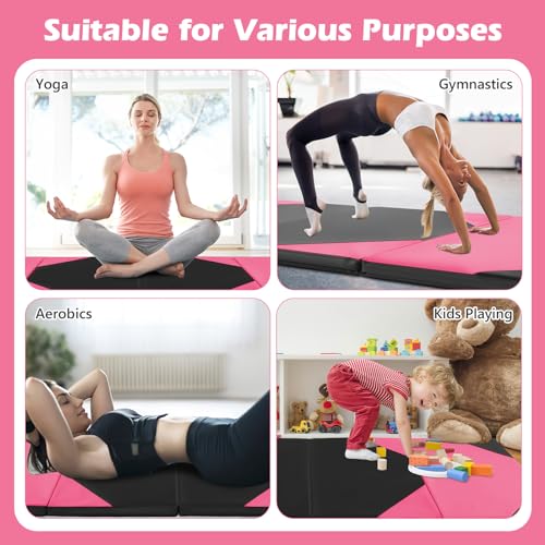 Goplus Folding Gymnastics Mat, 10’ x 4’ x 2’’ Thick Tumbling Mats with PU Leather, Hook & Loop Fasteners, Portable Handles, 4-Panel Exercise Mat for Home Gym Workouts, Yoga - color: Black+Rose