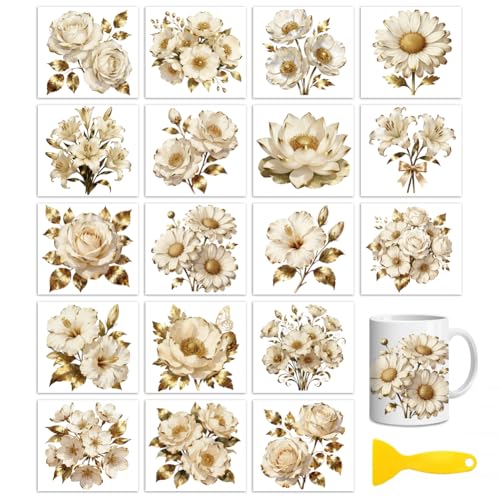 Peacoblue Platinum Golden Flowers Rub On Transfers Sticker for Craft | 18 Sheets UV DTF Transfers, Waterproof Rub On Decals for Wood, Glass, Furniture, Tumblers & Home Decor Crafts - style: Platinum Bouquet with Golden Flowers