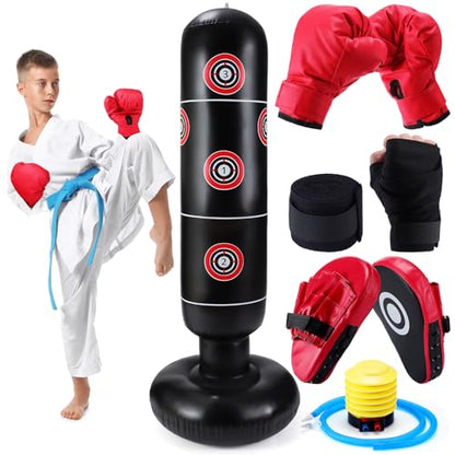 7 Pcs Kids Punching Bag Set Include Boxing Gloves, Inflatable Punching Bag, Hand Wraps, Hand Pads, Air Pump, Kids Boxing Training Set for Karate Kickboxing Taekwondo - color: Red