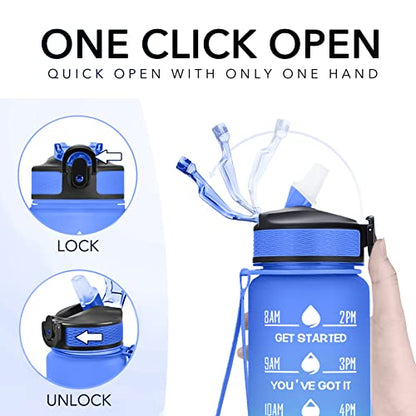 Hyeta Water Bottle with Straw & Time Marker, Plastic 32oz Leakproof | Motivational Tritan BPA Free Gym Office Outdoor Intake Tracker Hourly Reminder Straw Lid Carry Strap - color: Sea Level