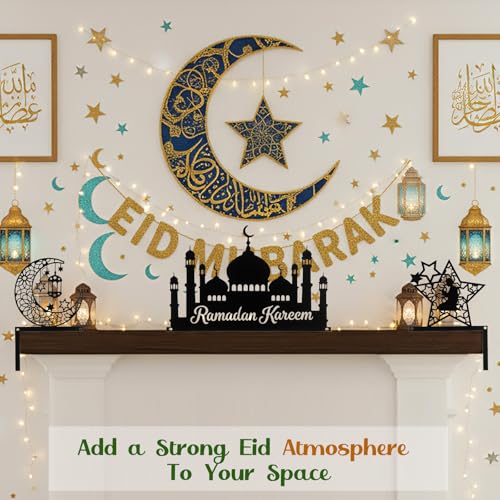 Blulu 3 Pcs Ramadan Door Decoration Metal Ramadan Mubarak Door Topper Eid Mubarak Frame Decoration for Islamic Muslim Cabinet Shelf Window Wall Home Office Kitchen Decor(Eid) - style: Eid
