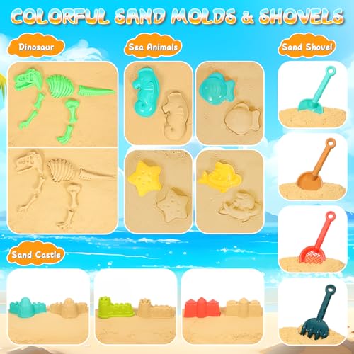HUITEM Beach Sand Toys for Kids, 29PCS Sandbox Toys with 2 Collapsible Bucket Sand, 2 Dump Truck, Dinosaur Molds, Castle Building Kit, Shovel Sieve,Flags,Mesh Bag Travel Beach Toys for Toddler 3-10