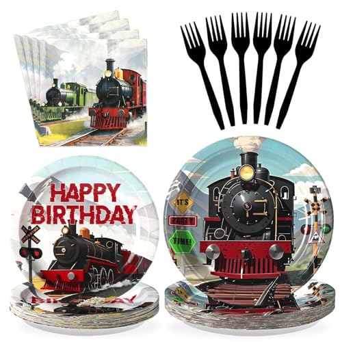 Grencian 96Pcs Train Birthday Party Decorations Vintage Steam Train Paper Plates and Napkins Retro Trains Disposable Tableware Sets for Boys Trains Themed Birthday Party Supplies Serves 24 - style: Vintage Steam Train Birthday