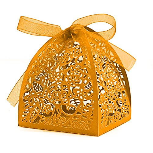 Auto-plaza 50 Pieces Beauty Laser Cut Favor Boxes DIY Wedding Birthday Gift Candy Boxes with Ribbons (Gold) - color: Gold