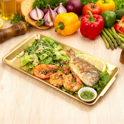 4-Piece Gold Serving Trays Set: Luxurious Gold Trays for Decor & Food Display, 14.21" x 7.95" Brushed Stainless Steel Platters for Parties & Dining