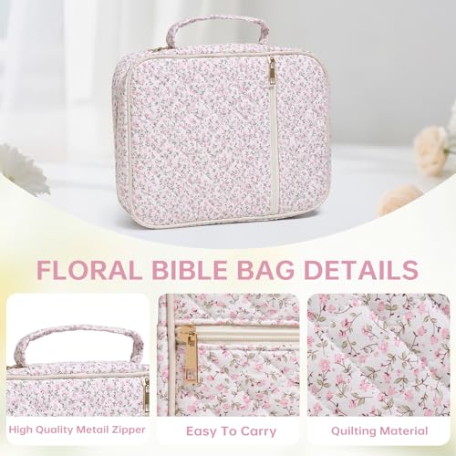 Bible Cover Case for Women Large Bible Cover with Durable Handle Quilted Bible Carrying Case for Girls Bible Study Supplies Accessories (Mini Pink Flower, Mini Pink Flower) - color: Mini Pink Flower