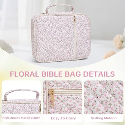 Bible Cover Case for Women Large Bible Cover with Durable Handle Quilted Bible Carrying Case for Girls Bible Study Supplies Accessories (Mini Pink Flower, Mini Pink Flower) - color: Mini Pink Flower