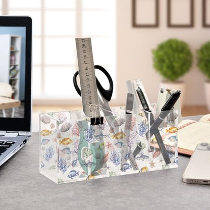 Aquarium Fish Acrylic Pen Holder 4 Compartments Pencil Organizer and Storage Makeup Brush Holder for Home Bedroom School Office Storage