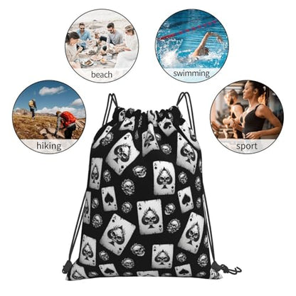 Unisex Polyester Gym Sack, Poker Skull Hearts Card Black, Drawstring Sackpack for Soccer Basketball Ball Storage - color: Pattern (358)