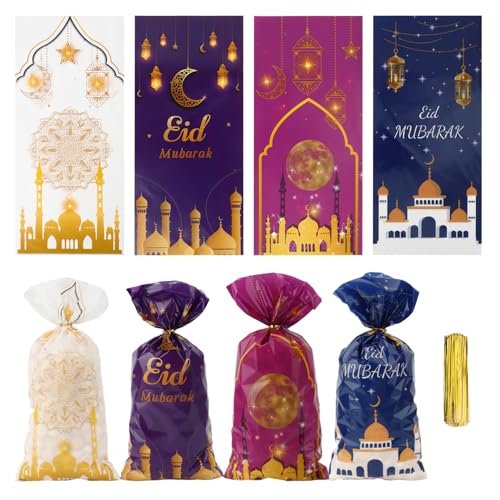 Eid Mubarak Treat Bags, 120 PCS Ramadan Goodie Bags, Eid Mubarak Gift Bag, Plastic Ramadan Candy Cookie Snack Treat Bag with Twist Ties Gifts for Islam Muslim Ramadan Party Decorations Favor Supplies - color: style 2-120pcs