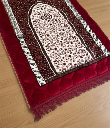 Thick Prayer Mat, Burgundy, Soft Mink Velvet, 27.56 x 43.31 Inches, Padded Quilted Janamaz with Knee Support, Floral Mihrab Design, Traditional Islamic