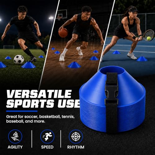 American Challenge Large Disc Cones – Set of 6 Agility Cones for Sports Training – Compact Soccer Cones with Carry Strap for Drills & Practice - color: Royal