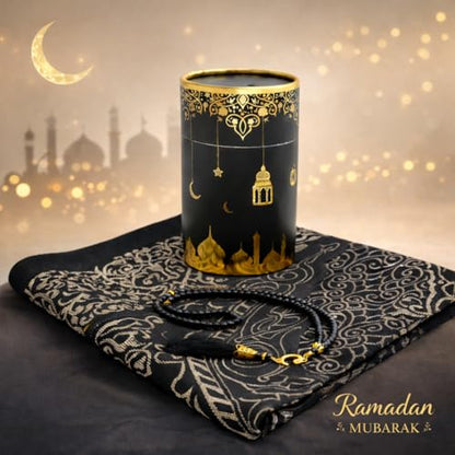 Modefa Islamic Gifts Prayer Mat | Thin Woven Praying Mat Muslim Prayer Rug | Muslim Gifts for Men Ramadan Gifts with Tesbih Prayer Beads | Ottoman Rug with Cylinder Gift Box Set Ramadan (Black) - color: Black