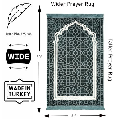 Modefa Muslim Prayer Rug - Large Plush Velvet - Andalus Teal Blue | For Islamic prayers, salah. For men or women; thick plush soft praying mat - color: Blue