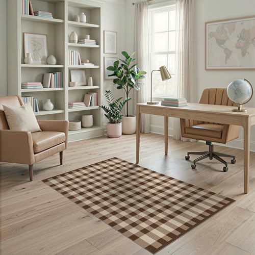 4'x6' Washable Flatwoven Rug, Brown Country Plaid Easy Care Throw Carpet for Dorm Room, Small Living Room, Apartment, Stain Resistant Low Profile Floor Covering | Ref:1910430 - color: Beige/Pattern 31, size: 4' x 6' (Rectangular)