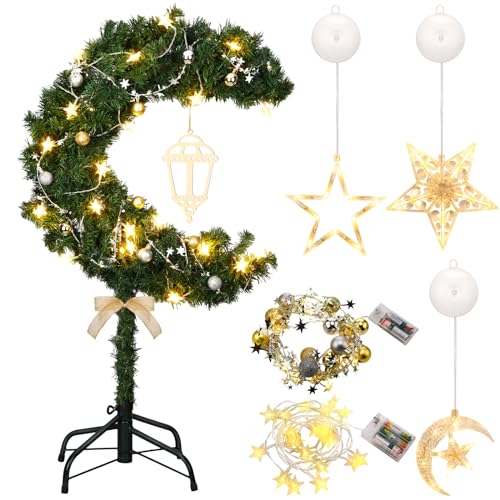 Glooglitter 3ft Ramadan Moon Tree: Lighted Crescent Artificial Tree with Star String LED Eid Outdoor Decoration for Eid Ramadan Garden Home Bedroom Party Decor(Green) - color: Green, size: 3ft
