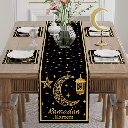 XCHI Black Golden Moon Stars Lantern Ramadan Kareem Table Runner Table Decoration for Party Home Kitchen Dining Holiday Decor 13x72 Inch
