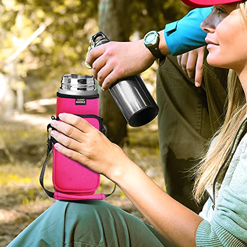 Nuovoware Water Bottle Carrier Bag, 25oz/32oz, Plum Red | Adjustable Shoulder Hand Strap, 2 Pocket, Neoprene Sleeve, For Hiking Travelling Camping - color: Plum Red, size: 25-32 Ounces - Standard