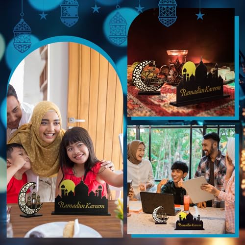 GlikCeil 4 Pcs Eid Al Adha Wooden Table Centerpieces Moon and Star Ramadan Wood Sign Eid Mubarak Tabletop Decor Islamic Mosque Muslim Al Fitr Black Gold Detachable Tiered Tray Decor for Home