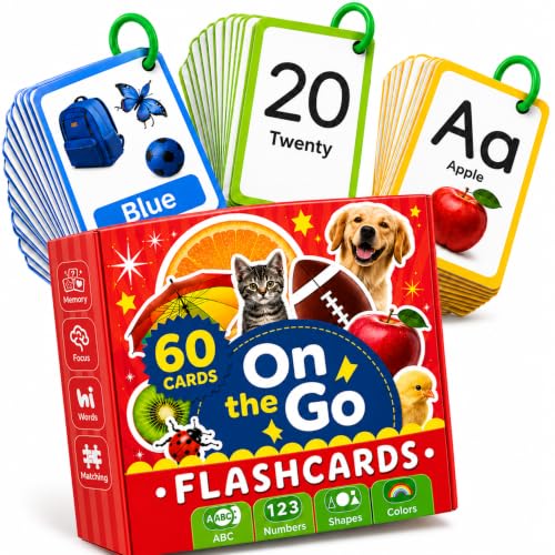 60 Toddler Flash Cards with Rings, Flash Cards for Toddlers 1-3, Includes ABC Flash Cards, Color Flash Cards, Shapes & Number Flash Cards - size: Extra Thick Premium 60