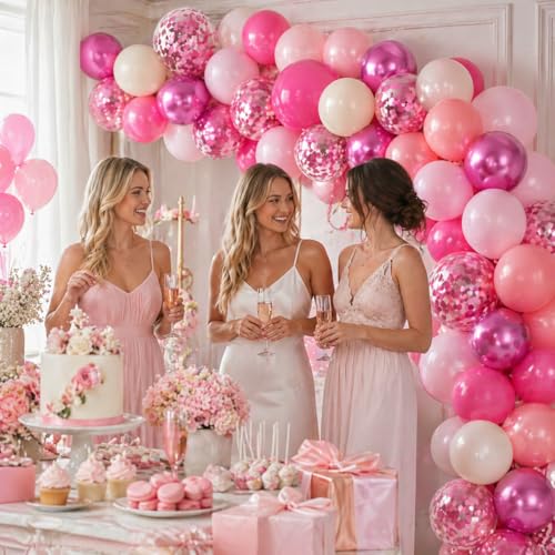 Shades of Pink Balloons 12 Inch, Hot Pearl Light Pastel Baby Dark Bright Pink Sand Latex Balloons with Metallic Magenta Pink Confetti Balloon for Princess Theme Birthday Wedding Bridal Shower Party - color: Magenta Pink