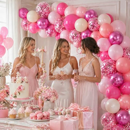 Shades of Pink Balloons 12 Inch, Hot Pearl Light Pastel Baby Dark Bright Pink Sand Latex Balloons with Metallic Magenta Pink Confetti Balloon for Princess Theme Birthday Wedding Bridal Shower Party - color: Magenta Pink