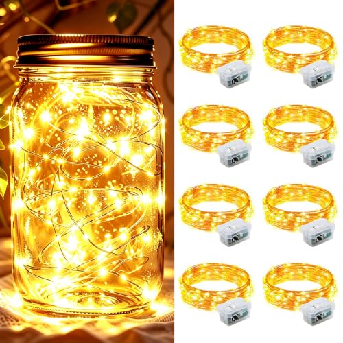 8 Pack Fairy Lights 7Ft 20 LED Twinkle String Lights 3 Modes Battery Operated Waterproof Firefly Starry for Mason Jar Wedding Birthday Party Table Centerpieces Bedroom Christmas,Warm White - color: Warm White, size: 8
