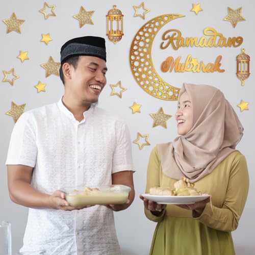 Geelin 23 Pcs Ramadan Decorations for Home 2026 Eid Ramadan Kareem Mubarak Wall Decor Islamic Wooden Gold Moon Star Lantern Wall Art Sign for Living Room Bedroom Muslim Arabic Party Supplies(Mubarak) - style: Mubarak