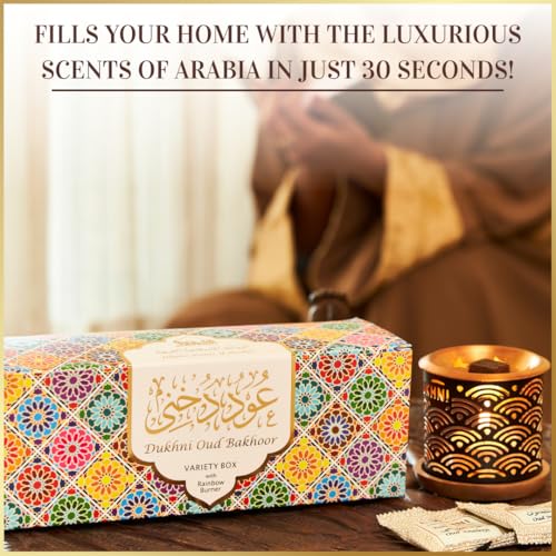 Oud Bakhoor Variety Box & Burner by Dukhni | Arabian Oudh Incense Set with Candle Incense Burner| 20 pcs Arabic bukhoor Incense Bricks, 10 Mixed scents | Islamic, Eid & Ramadan Gifts | Home Fragrance