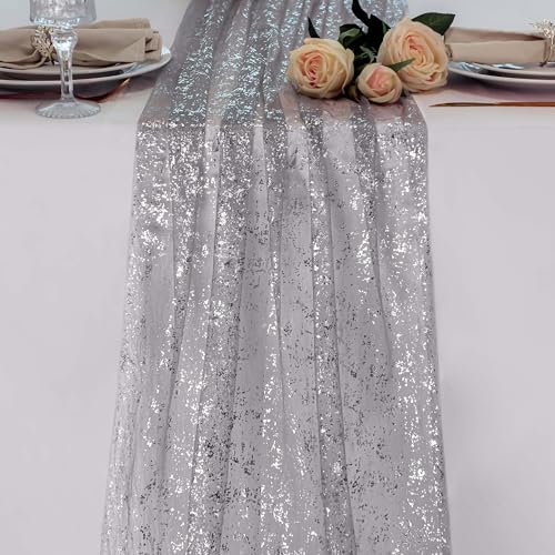 Snowkingdom Silver Gray Table Runner 10FT, Sheer Sparkly Shiny Glitter Sparkle Cheesecloth Tulle Elegant Centerpiece Modern Dining Decor for Wedding Party Bridal Shower Birthday Christmas New Year - color: Grey Silver, size: 10FT/1Pc
