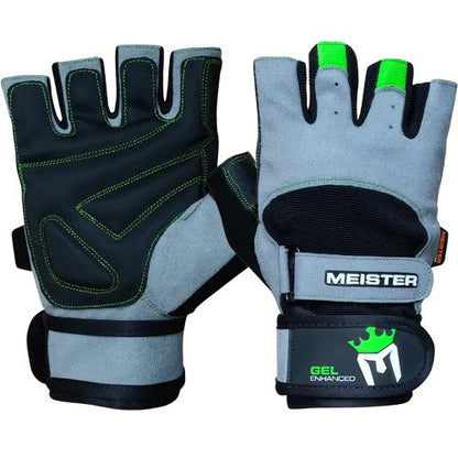 Meister Wrist Wrap Weight Lifting Gloves w/Gel Padding - color: Gray / Neon Green, size: Large