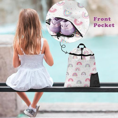 Rainbow Drawstring Backpack, 15” x 17” Waterproof Swim Bag for Beach Swimming Pool, Lightweight Foldable Gym Bag with Water Bottle Holder for Sports Travel - color: Rainbow