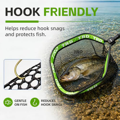 AluFloat X1 Fishing Net with Handle (Fish Net) - Floating Foldable Rubber-Coated Deep Mesh Landing Net for Bass & Fly Fishing - Fishing Gear, Kayak Accessories, Fishing Accessories - color: Neon green