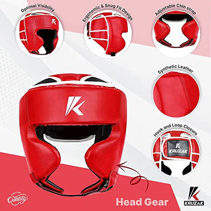 Kruzak Unisex Boxing Headgears - MMA Training, Adjustable Padded, Kara,Muay Thai Headgear, Kickboxing, Sparring, Martial Arts, Karate, Taekwondo MMA Body Equipment - color: Red, size: Large-X-Large