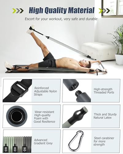 Upgraded Pilates Bar Kit with Resistance Bands Natural Latex for Women & Men, Heavy-Duty Stainless Steel Multifunctional Yoga Pilates Stick for Home Gym Exercise Fitness Equipment Full-Body Workouts - color: Blue Grey