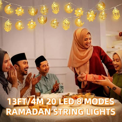 Ramadan Decorations for Home Ramadan Lights 13FT 20LED USB or Battery Operated 8 Modes Timer Iron Star Moon Fairy Twinkle Lights Eid Mubarak Decor Warm White (Metal R20)