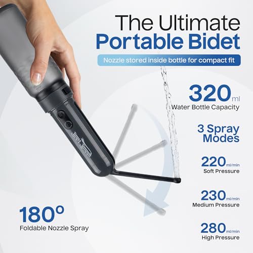 BIDET BUDDY® GoFlow Portable Bidet for Travel - 320ml Bottle with Adjustable Power Modes, Nozzle Wand, IPX7 Waterproof, USB C Charging, 800mAh Rechargeable Battery, Medium Pressure - style: 320ML