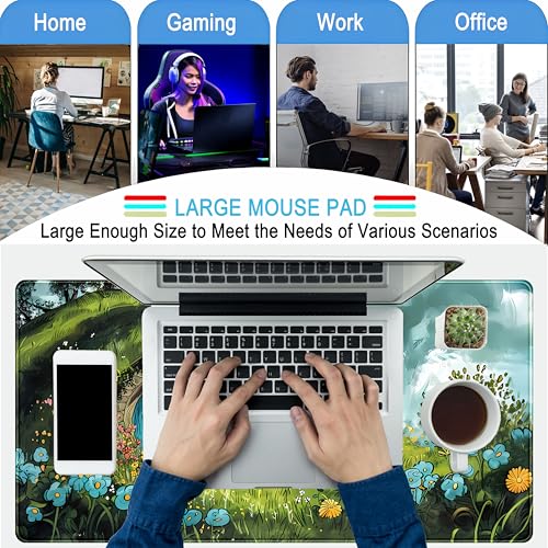 Cute Landscape Cartoons Desk Mat Aesthetic Gaming Mouse Pad XXL Large Extended Green Sage Desk Pad, Laptop Keyboard and Mouse Mat, Computer Desktop Mat Playmat, Women Desk Decor Pad 31.5x15.7 in - color: Green Landscape Cartoons