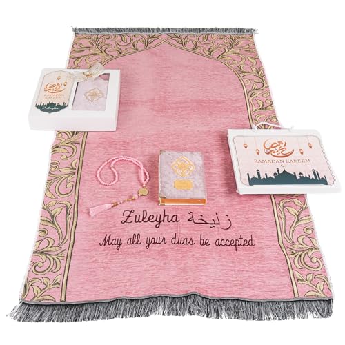 IEF Personalized Prayer Rug Prayer Beads Quran Islamic Gift Set, Ramadan Eid Hajj Umrah Wedding Birthday Mother's Day Father's Day Valentine's Day Gifts (Pink) - color: Pink