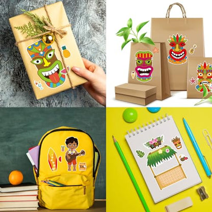 Summer Stickers, Hawaii Make a Face Sticker, Aloha Tiki Totem | 24 Sheets Make Your Own Beach Tropical Cartoon Mix and Match Stickers Hawaiian Coconut Tree Summer Luau Party Favors - style: Summer Stickers