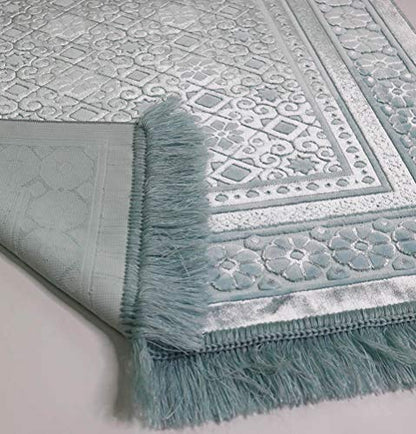 Modefa Velvet Prayer Rug - Soft Plush Turkish Janamaz Sajada Carpet for Men and Women - Plain Solid Prayer Mat Ramadan Eid Gift - with Prayer Beads - Luxury Floral Stamp (Light Blue) - color: Light Blue