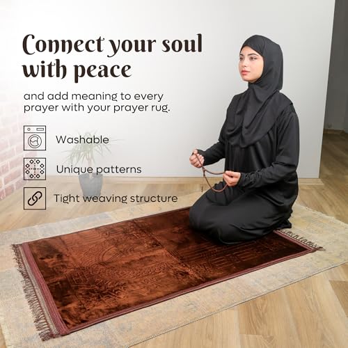 Prayer Rug - Soft Plush Turkish Janamaz Sajada Carpet for Men and Women - Plain Solid Prayer Mat Ramadan Eid Gift with Prayer Beads - Luxury Floral Stamp, Brown - color: Brown