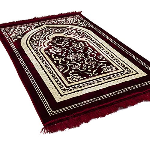 Modefa Turkish Islamic Velvet Prayer Rug - Thick & Wide Soft Praying Carpet for Men & Women - Large Prayer Mat - Eid & Ramadan Gift - with Kufi Cap, Beads & Car Hanger - Double Plush (Floral Red) - color: Floral Arch - Red